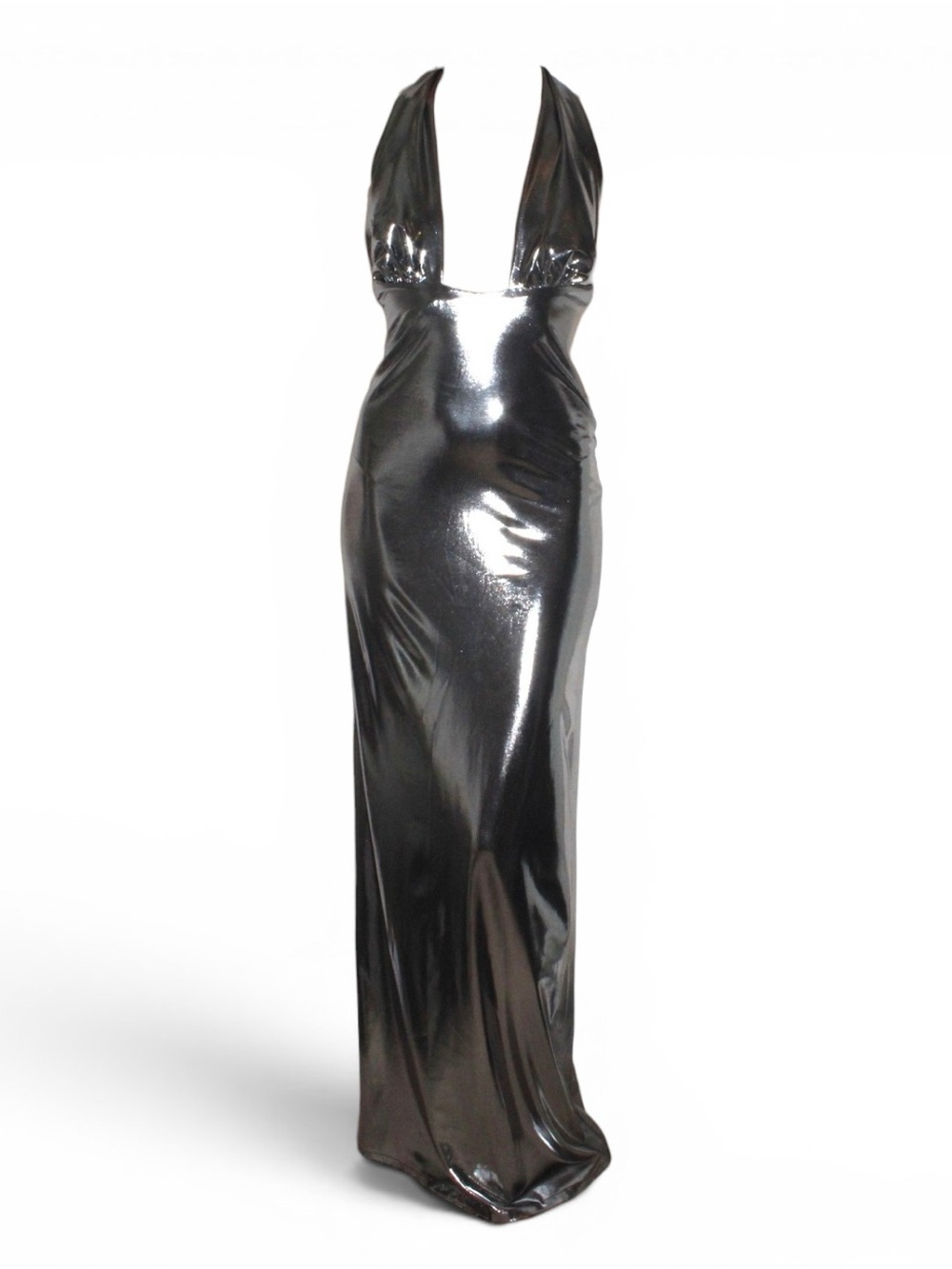 A stunning metallic silver Old Hollywood style gown // silver halter maxi dress